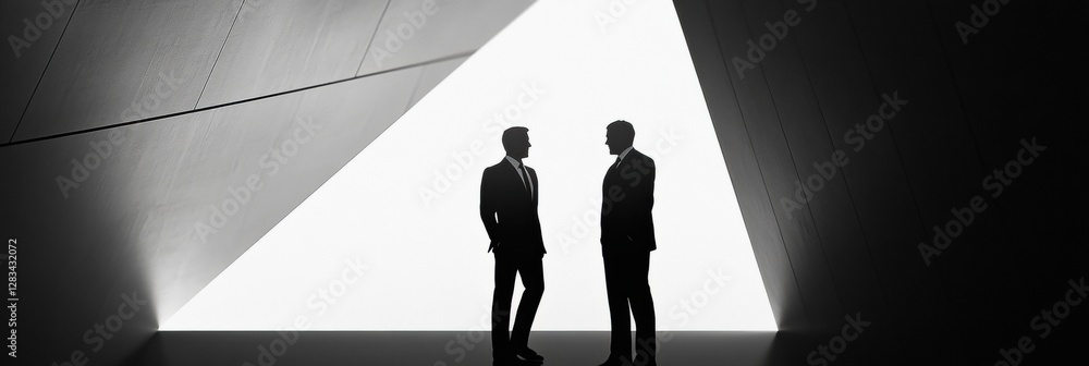 Aufkleber business professionals negotiate in minimalistic setting with striking black and white contrasts and