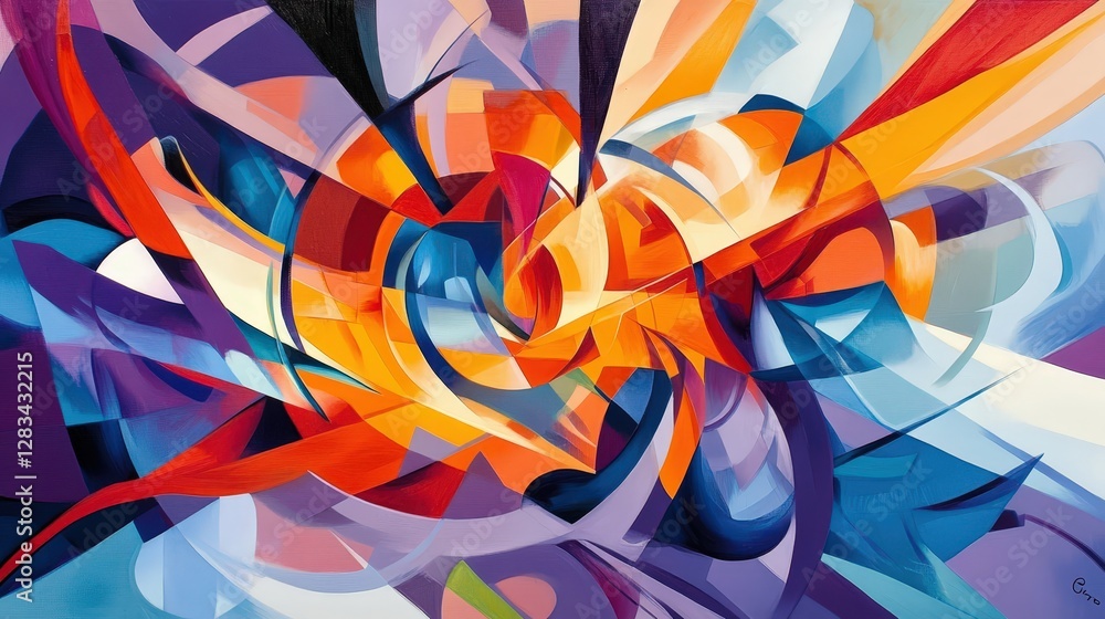 Poster a vibrant abstract design with sharp, jagged lines in contrasting colors like orange, purple, and bl