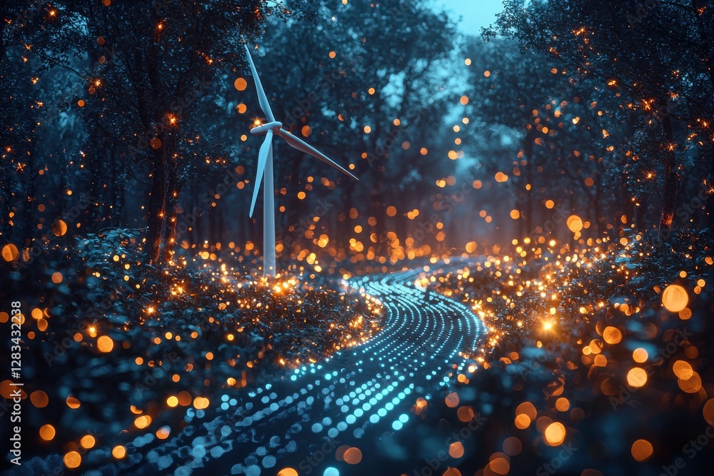 Poster illuminated forest pathway with wind turbine and glowing abstract lights