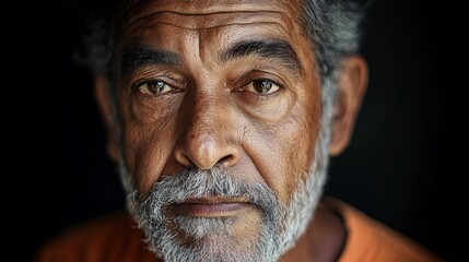 Obraz premium Man with a beard and gray hair is looking at the camera. He is wearing an orange shirt