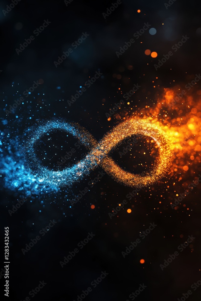 Poster infinity symbol created with colorful particles in motion representing concepts of eternity, continu