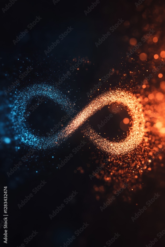Poster infinity symbol created with colorful glowing particles on a dark background, representing endless p