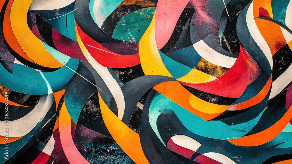 Poster a vibrant abstract pattern featuring swirling colors and sharp lines, evoking a sense of motion and 