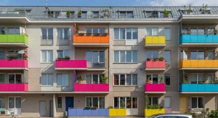 Obraz premium Vibrant Multicolored Apartment Building Exterior in Urban Setting