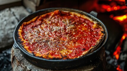 Pizza Chicago Deep-Dish, Thick and Buttery Crust Pizza with Layers of Mozzarella Cheese, Rich Tomato Sauce, and Savory Toppings, Hearty Pizza Isolated on Oven Background with Copy Space.