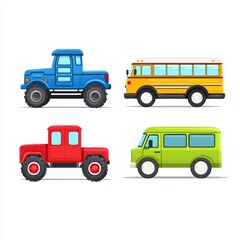 Pixel Art Vehicles Blue and Red Pickup Trucks, Yellow Bus and Green Van