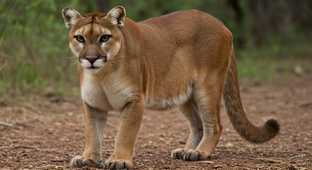 Obraz premium Cougar Standing Alert on Forest Path Looking Directly at Camera