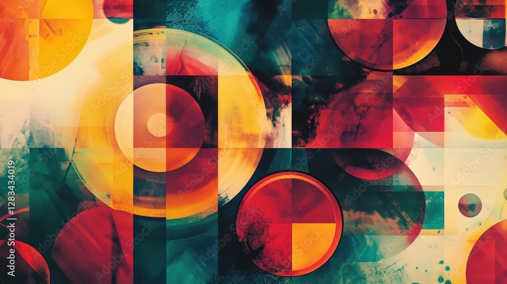 Poster circular, square, and polygonal shapes layered over one another, with varying opacities and sizes, g