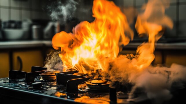 Kitchen stove fire emergency safety hazard cooking flames smoke accident prevention tips home kitchen.