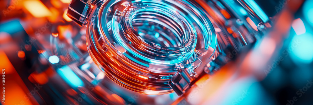 Poster abstract technology: circular data flow with neon glow for future innovation print