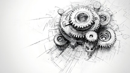 Hand-drawn illustration of a machine with gears, symbolizing functions in programming, system operations, and the mechanical processes behind software design, automation, and innovation.
