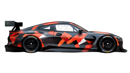A fast, new red sports car races toward the finish line