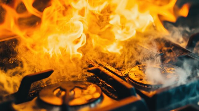 Kitchen stove fire safety emergency flames smoke cooking accident prevention tips home chef kitchen appliance danger awareness.