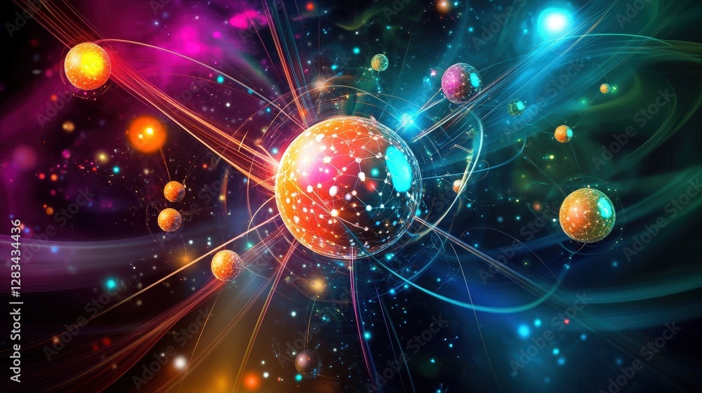 Poster a vibrant cosmic scene representing protons as fundamental building blocks of matter in the universe