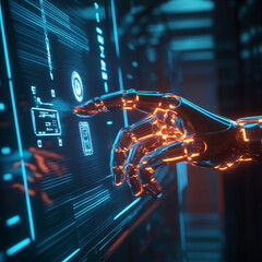 A futuristic office setting where AI-powered RPA robots, emitting a soft green glow, are automating data