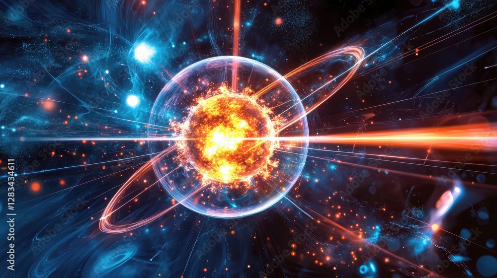 Poster a vibrant cosmic scene representing protons as fundamental building blocks of matter in the universe