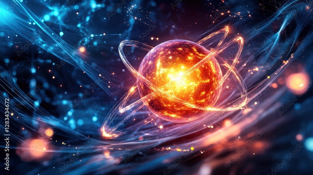 Poster proton surrounded by swirling energy and subatomic particles in a quantum field.