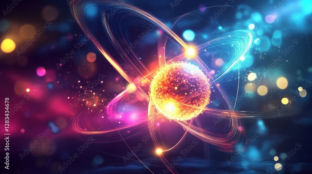 Poster a vibrant cosmic scene representing protons as fundamental building blocks of matter in the universe