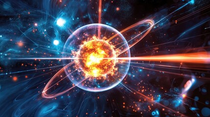 A vibrant cosmic scene representing protons as fundamental building blocks of matter in the universe