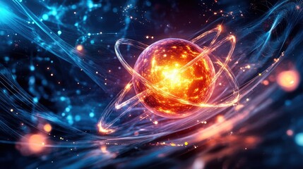 Obraz premium proton surrounded by swirling energy and subatomic particles in a quantum field.