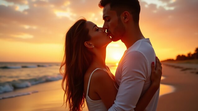 Capture the essence of romance with this image of a couple kissing at sunset on the beach. Perfect for wedding invitations, love stories, and romantic themes. - Powered by Adobe