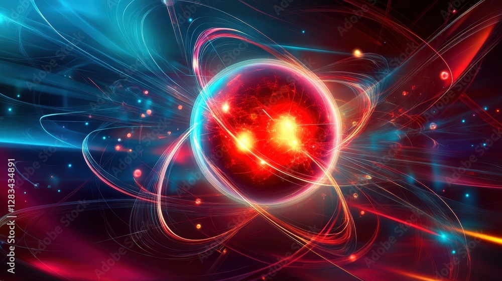 Poster proton surrounded by swirling energy and subatomic particles in a quantum field.