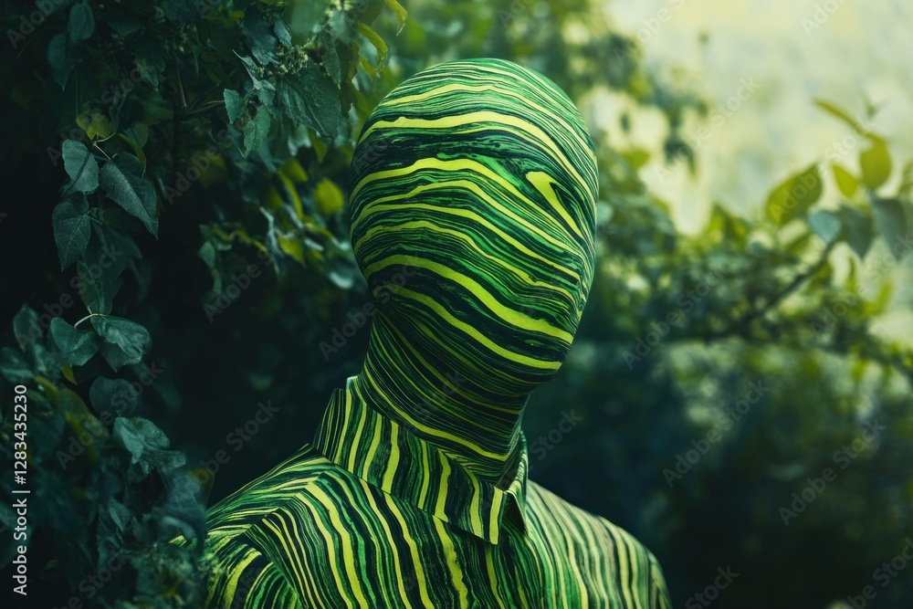 Poster abstract model with green and yellow patterned face and clothing blending into nature, conveying a s