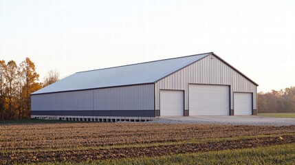 Agricultural Modernity: A stately metal barn stands in a rural landscape, its clean lines and functional design representing contemporary agricultural practices.