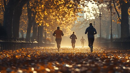 A jogger suffering a heart attack in the park, collapsing mid-stride, another runner calling emergency services, concerned faces around, autumn leaves covering the ground, cinematic realism,