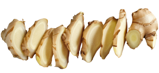 Sliced ginger on a transparent background, capturing the natural look and texture of the root in a simple and clean format.
