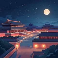 Obraz premium a serene Beijing China night scene, featuring the iconic Forbidden City bathed in moonlight. 