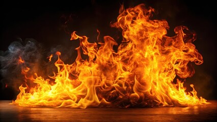 Fototapeta premium Intense flames engulfing a dark canvas with bold orange and yellow hues, creating a mesmerizing dance of fire on black background