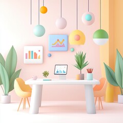 AI-Generated Business Concepts Modern workspace with colorful decor and plants.