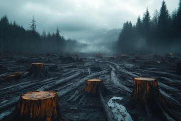 Forest cleared for commercial use reveals stumps and disturbed soil under cloudy skies