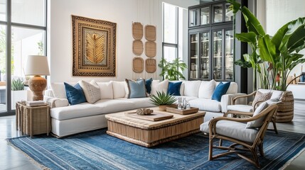 Coastal Serenity Living Room: A bright and airy living room with coastal design elements. This space features a comfortable sectional sofa, rattan furniture, and lush plants.
