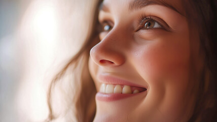 Close-up portrait of a cheerful woman with a bright smile, clear skin, and captivating eyes, looking upwards with a serene expression.