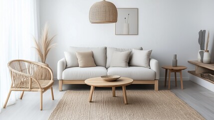 Serene Living Space: A bright, minimalist living room with natural textures creates a sense of calm, featuring a neutral color palette, wooden furniture, and soft, natural light that fills the space.