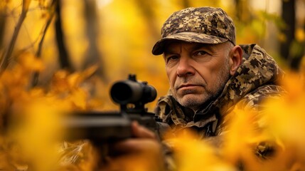 Obraz premium Man hunting in forest during autumn season wearing camouflage clothes focused on target with rifle surrounded by colorful leaves and nature.