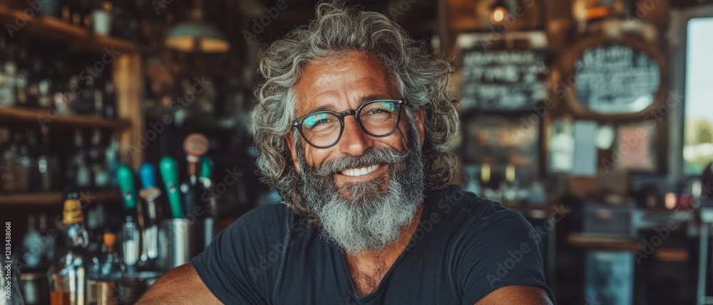 Poster man with a beard and glasses is smiling at the camera. he is sitting at a bar with a variety of drin