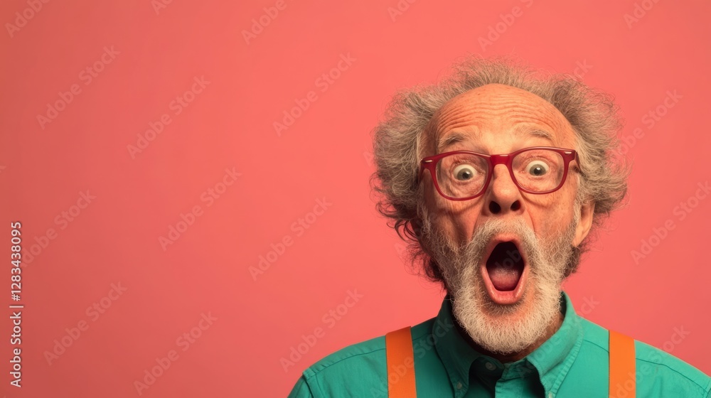 Aufkleber man with a big open mouth and red glasses. he is looking at the camera. the image has a playful and 