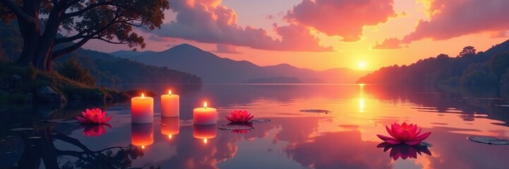 Dreamy sunset over a serene lake with floating candles and water lilies, sunset, serene, water lilies
