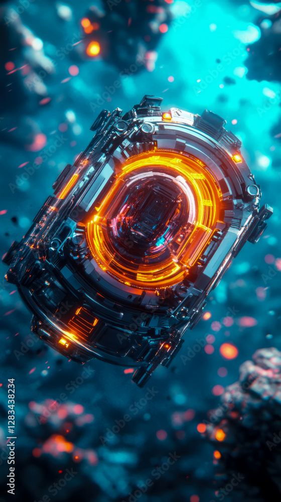 Poster sci-fi core reactor: futuristic energy source for a space station blueprint