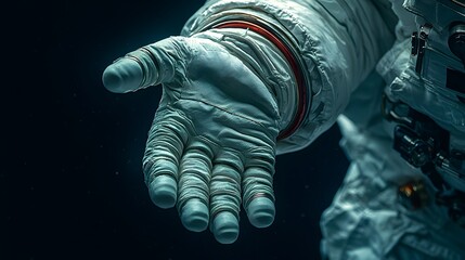Close up of a Gloved Astronaut Hand Reaching Out into the Vastness of Outer Space Representing the 