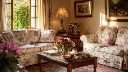 Cozy Living Room: A charming living room bathed in warm sunlight, featuring floral patterned sofas, a coffee table, and an inviting atmosphere.