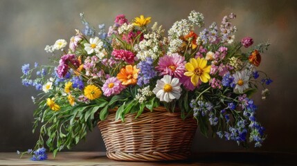 Fototapeta premium Vibrant floral arrangement in a woven basket display
