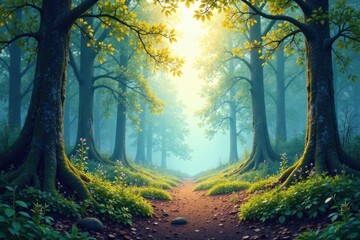Obraz premium dreamy watercolor texture on misty forest floor, morning, dawn, fog