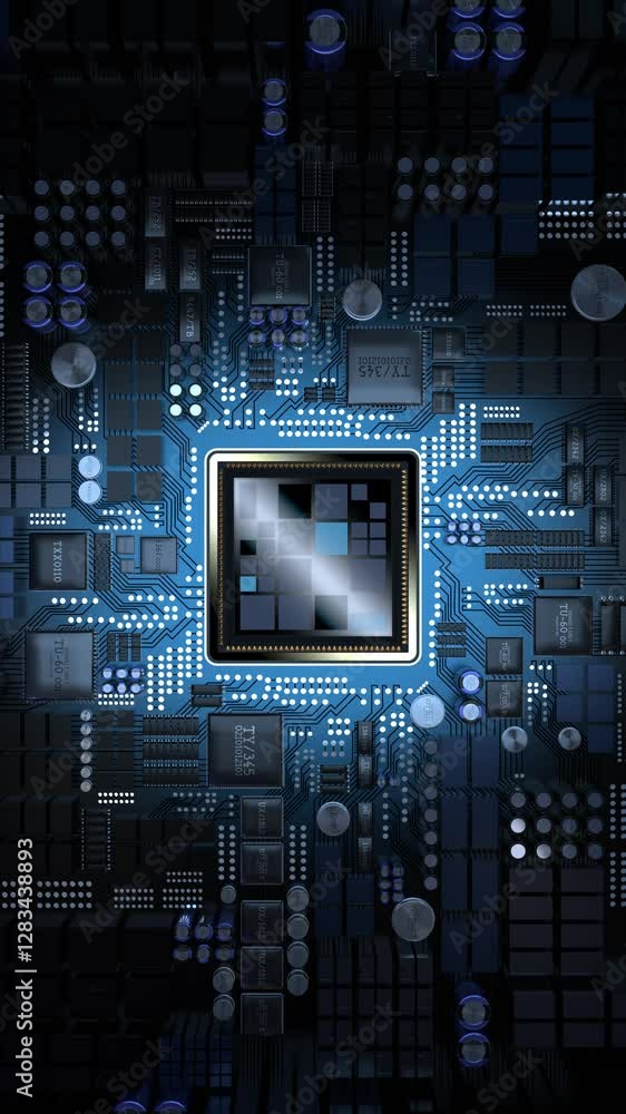 Poster computer processor and motherboard - 3d 4k vertical animation (2160x3840 px)