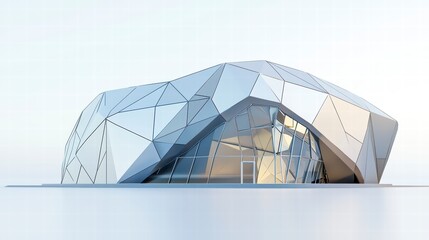 Geometric Marvel: A modern architectural gem, its multifaceted facade of glass and metal creating a striking visual statement against a soft backdrop.