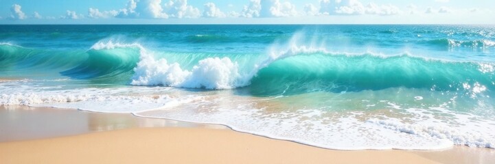 Fototapeta premium Dreamy watercolor waves crashing on sandy shore, beach, driftwood, sea