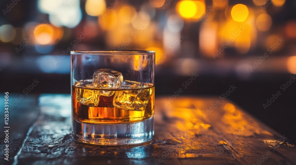 Aufkleber Rich golden whiskey in a glass with ice cubes on a rustic wooden table in a dimly lit bar setting during the evening. Generative AI